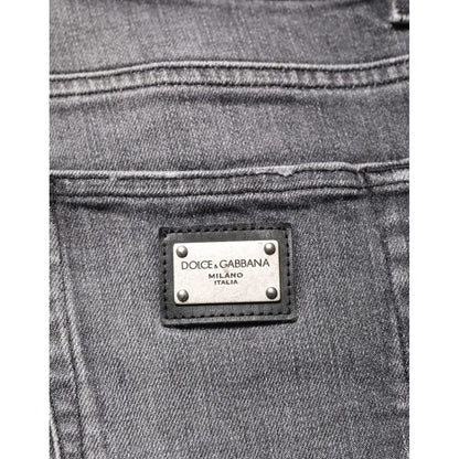 Dolce & Gabbana Grey Cotton Denim Slim Fit Distressed Pants Jeans