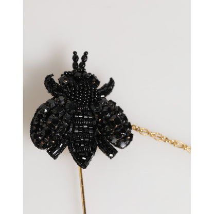 Dolce & Gabbana Lapel Pin Gold Brass Black Crystal Bee Accessories Brooch