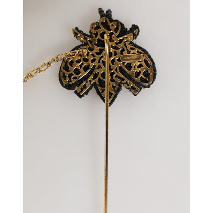 Dolce & Gabbana Lapel Pin Gold Brass Black Crystal Bee Accessories Brooch