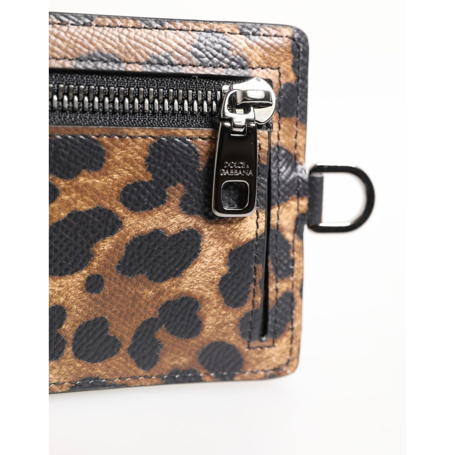 Dolce & Gabbana Leopard Print Leather Embossed Lanyard Card Holder Wallet with zipper detail and black calf leather.