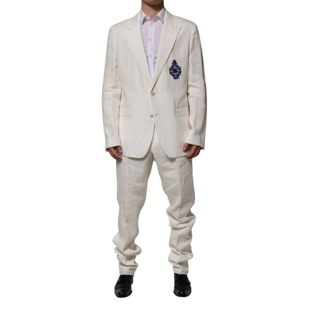 Dolce & Gabbana Light Cream Linen Embroidered 2 Piece Suit, formal men's blazer and pants set with DG crest, two-button closure.