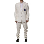 Dolce & Gabbana Light Cream Linen Embroidered 2 Piece Suit for men with DG crest patch, formal blazer and pants set.