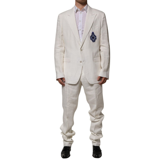 Dolce & Gabbana Light Cream Linen Embroidered 2 Piece Suit with DG crest, formal men's blazer and pants set.