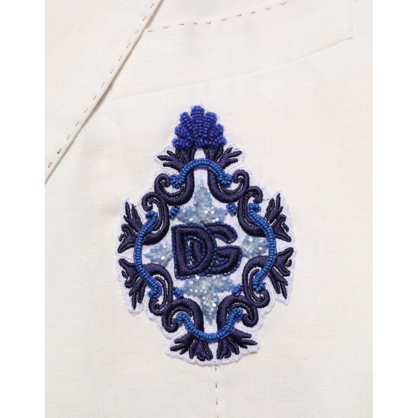Detailed embroidery on Dolce & Gabbana Light Cream Linen Embroidered 2 Piece Suit with DG crest patch on chest