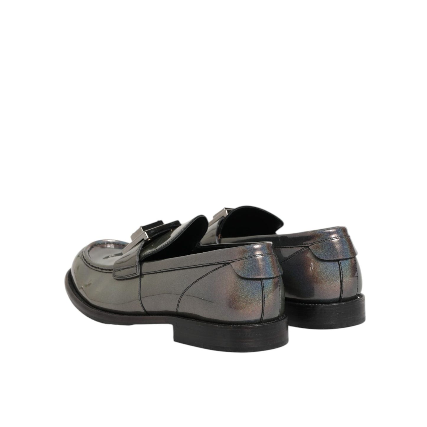 Dolce & Gabbana Metallic Silver Logo Slip On Men Dress Shoes, rear view showcasing luxurious design and craftsmanship.