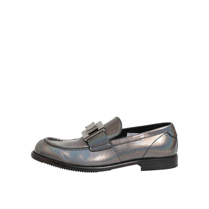 Dolce & Gabbana Metallic Silver Logo Slip On Men Dress Shoes showcasing luxury design and craftsmanship.