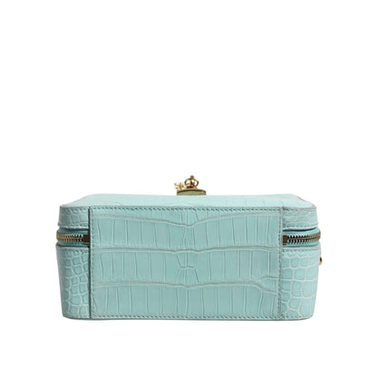 Dolce & Gabbana Mint Green Embossed Leather Padlock Shoulder Bag with gold detailing and adjustable strap, showcasing luxurious design.