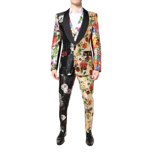 Dolce & Gabbana Multicolor Floral SICILIA Silk 3 Piece Suit featuring vibrant floral design and slim fit single breasted style.