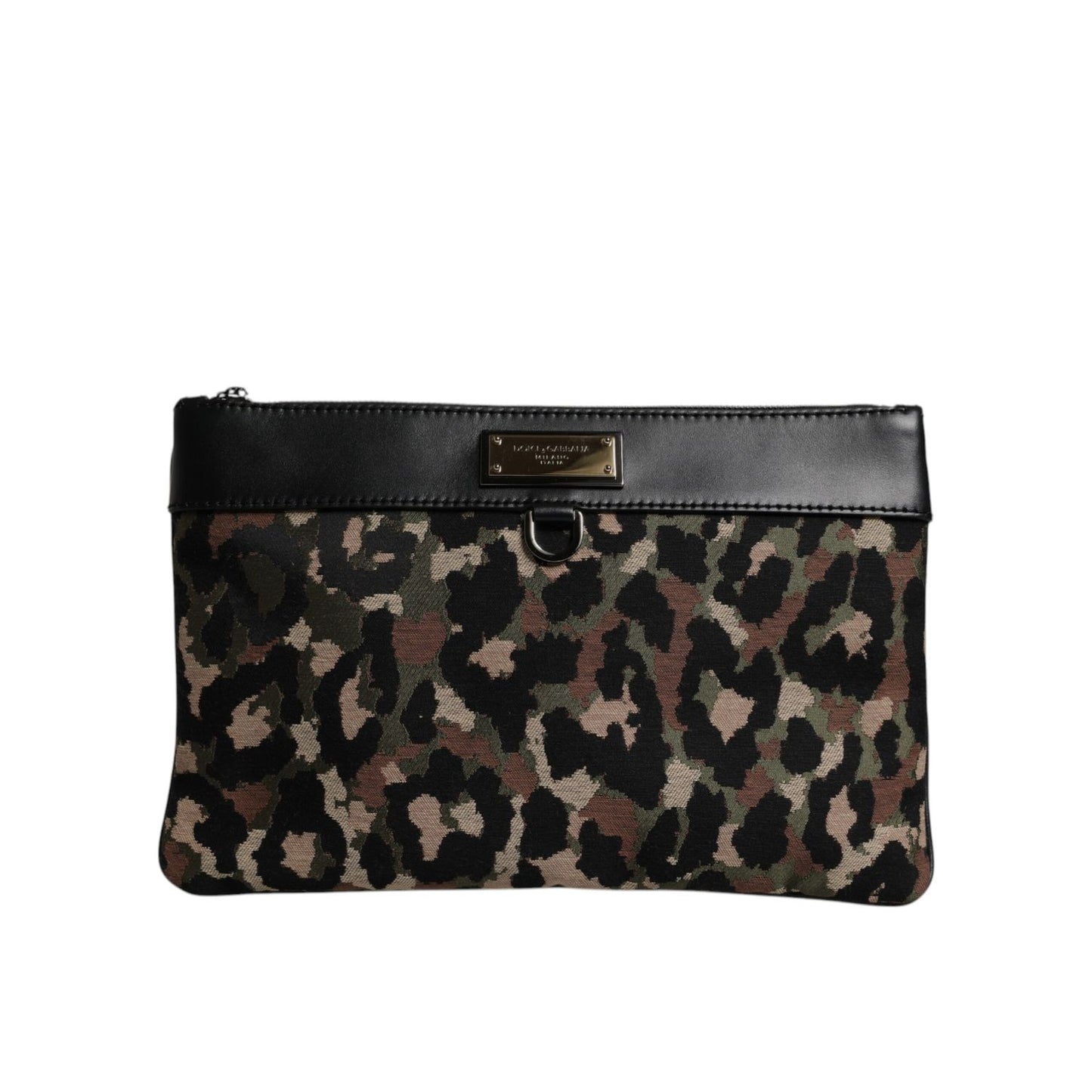 Dolce & Gabbana Multicolor Leopard Print Jacquard Logo Plaque Pouch Bag with leather trim and zipper closure.