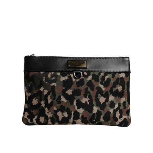 Dolce & Gabbana Multicolor Leopard Print Jacquard Logo Plaque Pouch Bag with zipper closure and metal logo plaque detailing.