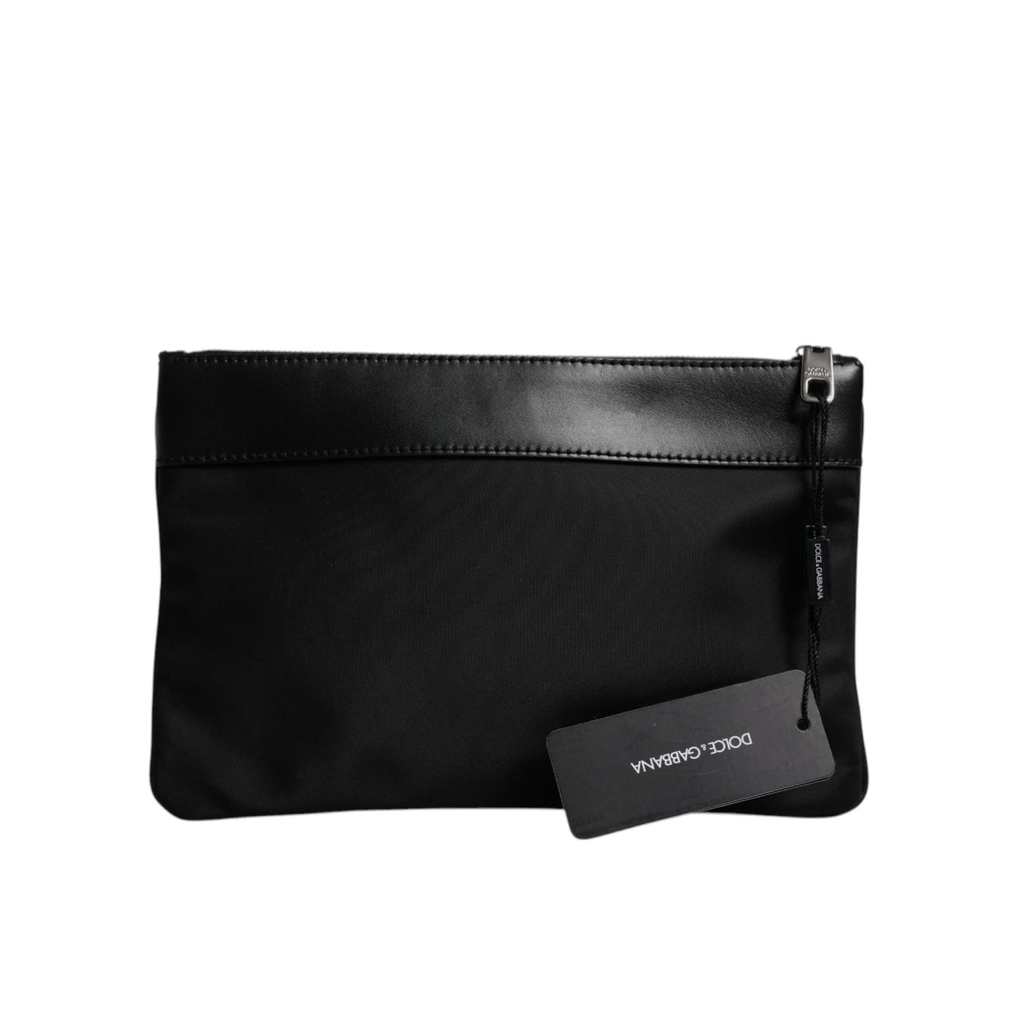 Dolce & Gabbana Multicolor Leopard Print Jacquard Logo Plaque Pouch Bag with tag attached, shown in black with zipper closure.