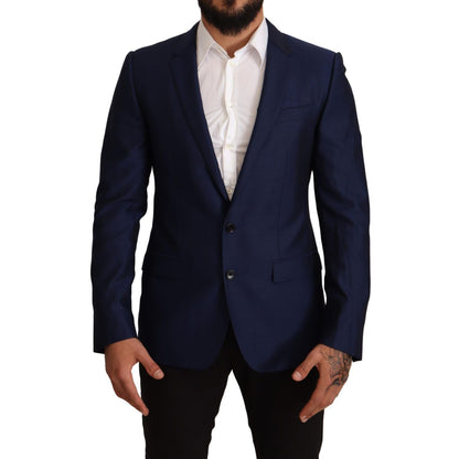 Dolce & Gabbana Navy Blue Slim Fit Jacket MARTINI Blazer showcasing elegant style with notch lapel and single-breasted design.