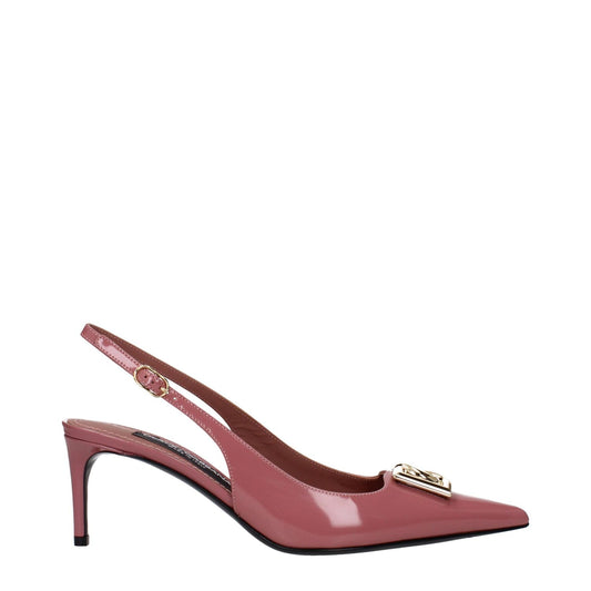 Dolce & Gabbana Pink Leather High Heel Pumps with buckle closure and pointy toe, featuring a gold front logo, stylish design.
