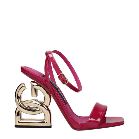 Dolce & Gabbana Pink Leather Stiletto Heel Sandals with gold details, open toe, and buckle closure, showcasing elegant design.