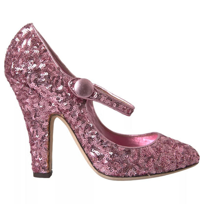 Dolce & Gabbana Pink Sequin Mary Jane Pumps High Heels Shoes with polyester material and leather sole, made in Italy, featuring logo details.