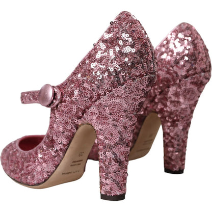 Dolce & Gabbana Pink Sequin Mary Jane Pumps High Heels Shoes with leather sole, featuring logo details, made in Italy