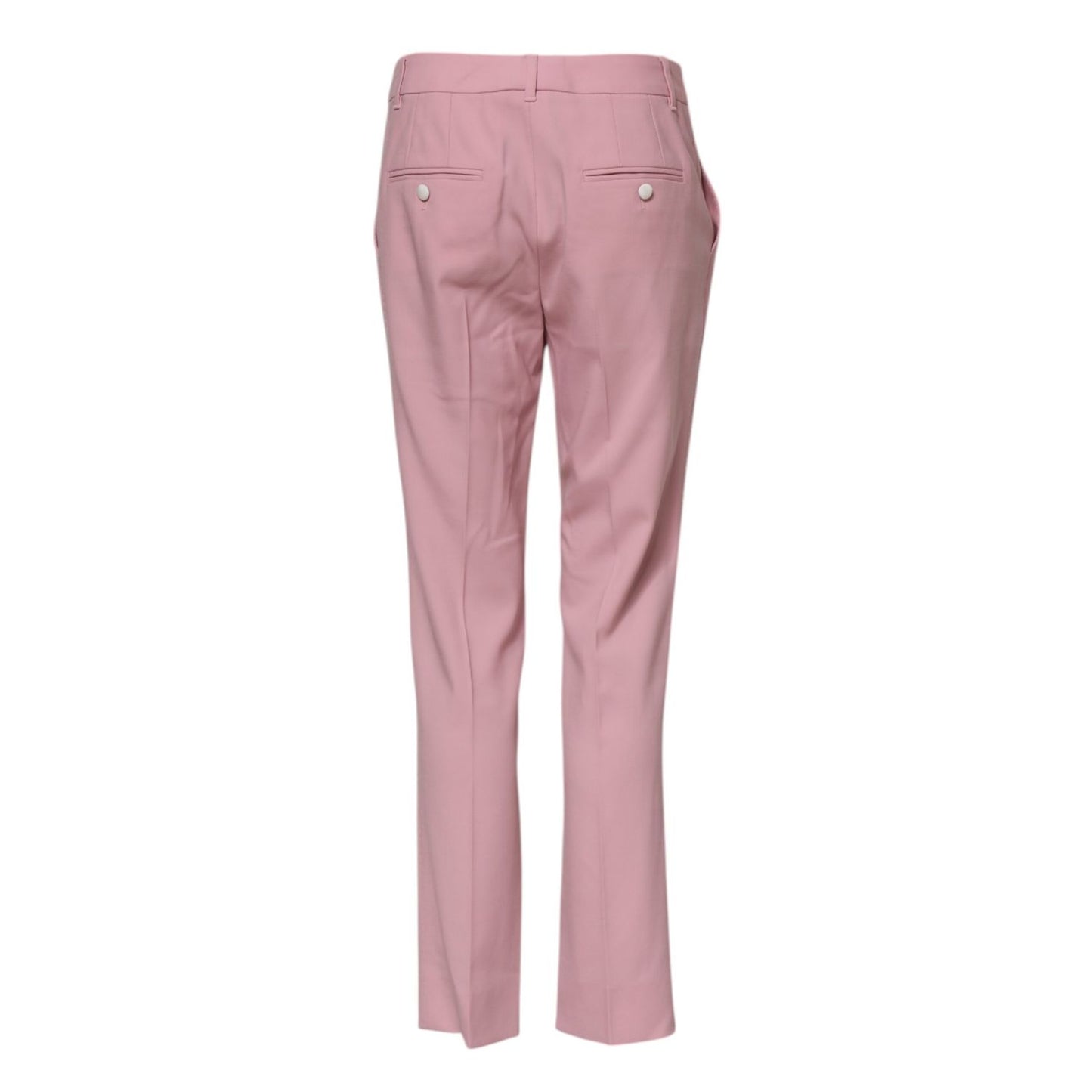 Dolce & Gabbana Pink Wool Mid Waist Tapered Pants back view showcasing logo and craftsmanship.