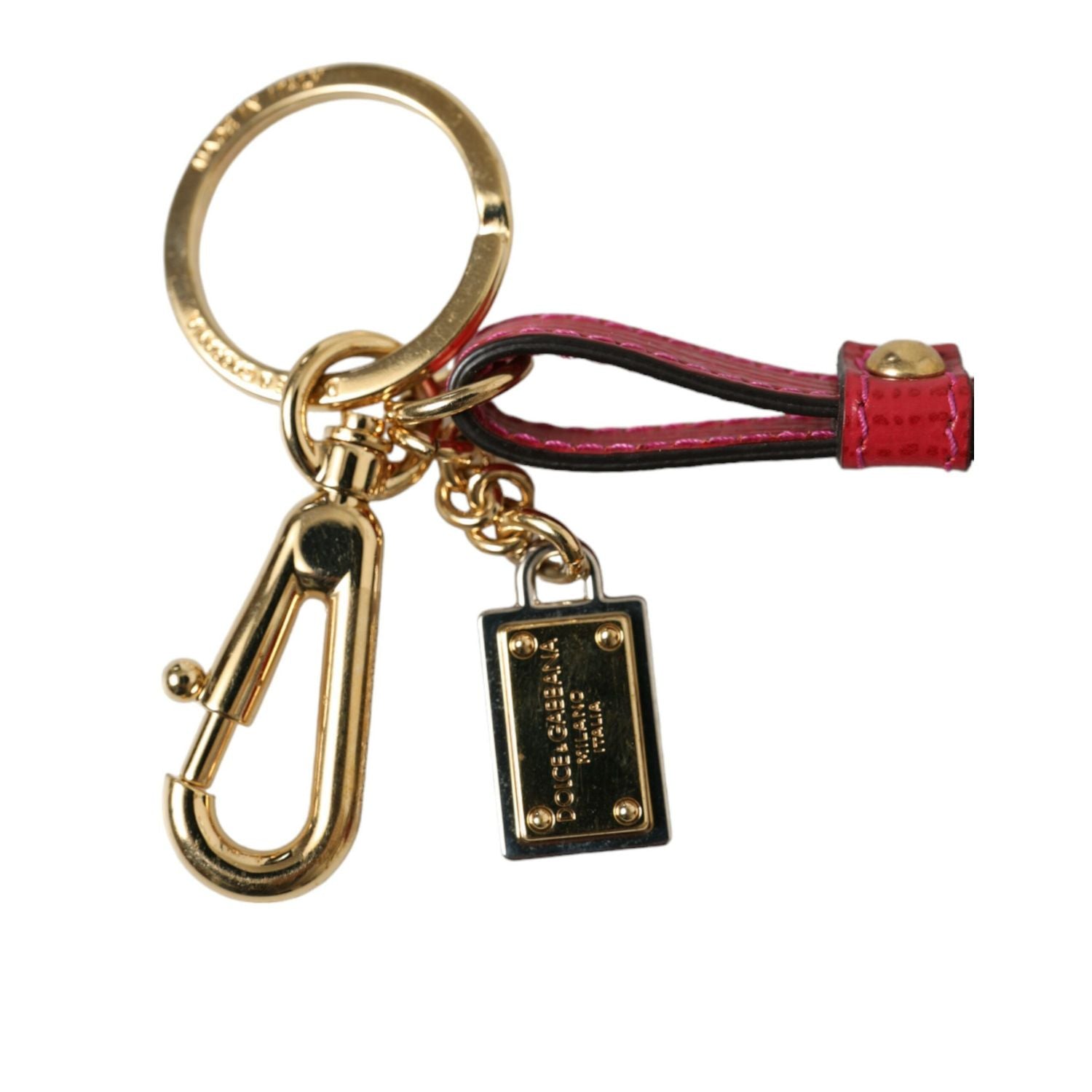 Dolce & Gabbana Red Calf Leather Gold Metal Logo Plaque Keyring Keychain