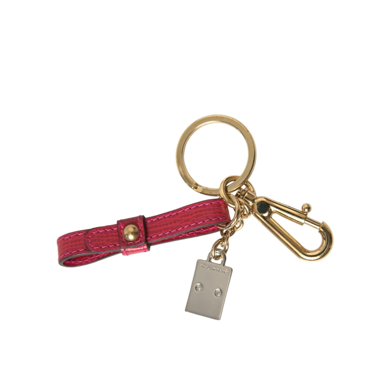 Dolce & Gabbana Red Calf Leather Gold Metal Logo Plaque Keyring Keychain