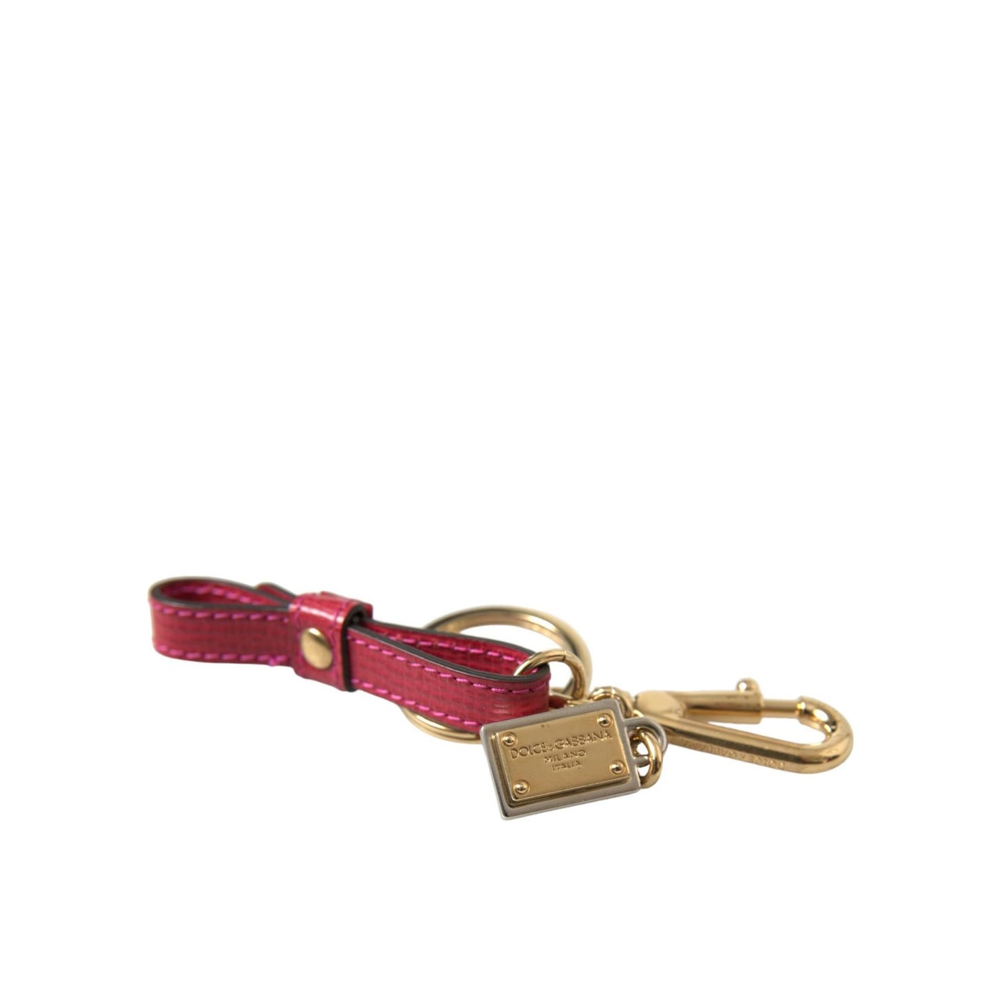 Dolce & Gabbana Red Calf Leather Gold Metal Logo Plaque Keyring Keychain