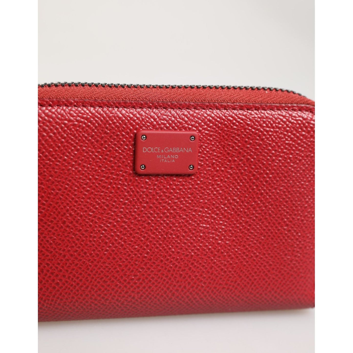 Dolce & Gabbana Red Leather Zip Around Logo Plaque Men Coin Purse Wallet with silver-tone plaque and zipper