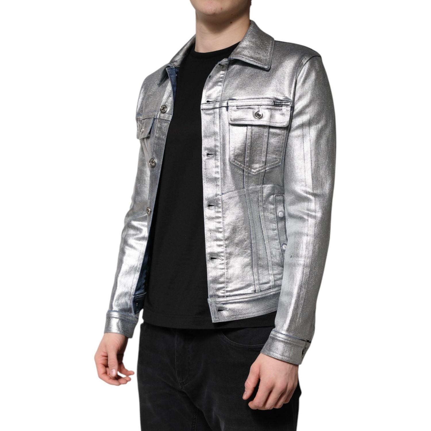 Dolce & Gabbana Silver Cotton Button Down Denim Biker Jacket