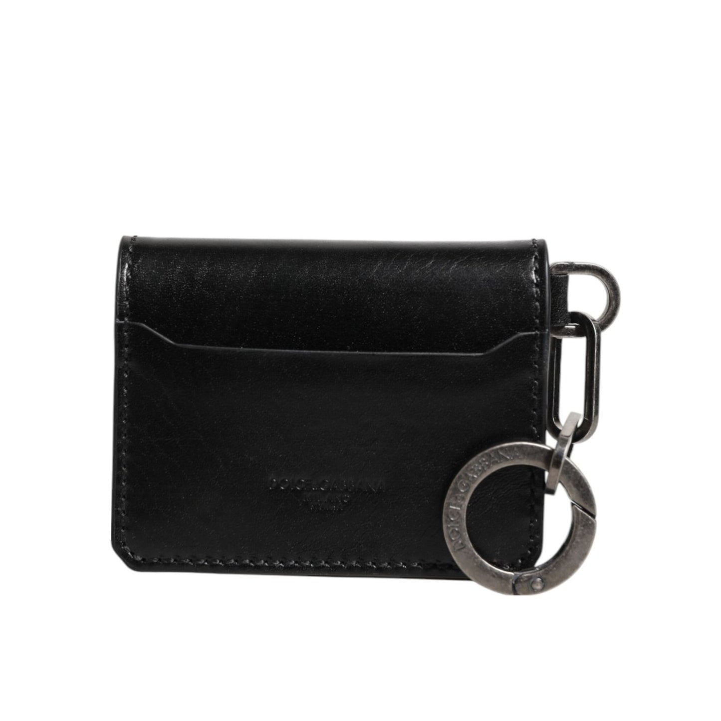 Dolce & Gabbana Wallet Black Leather Logo Embossed Key Chain Card Holder Wallet with attached keychain and made in Italy.