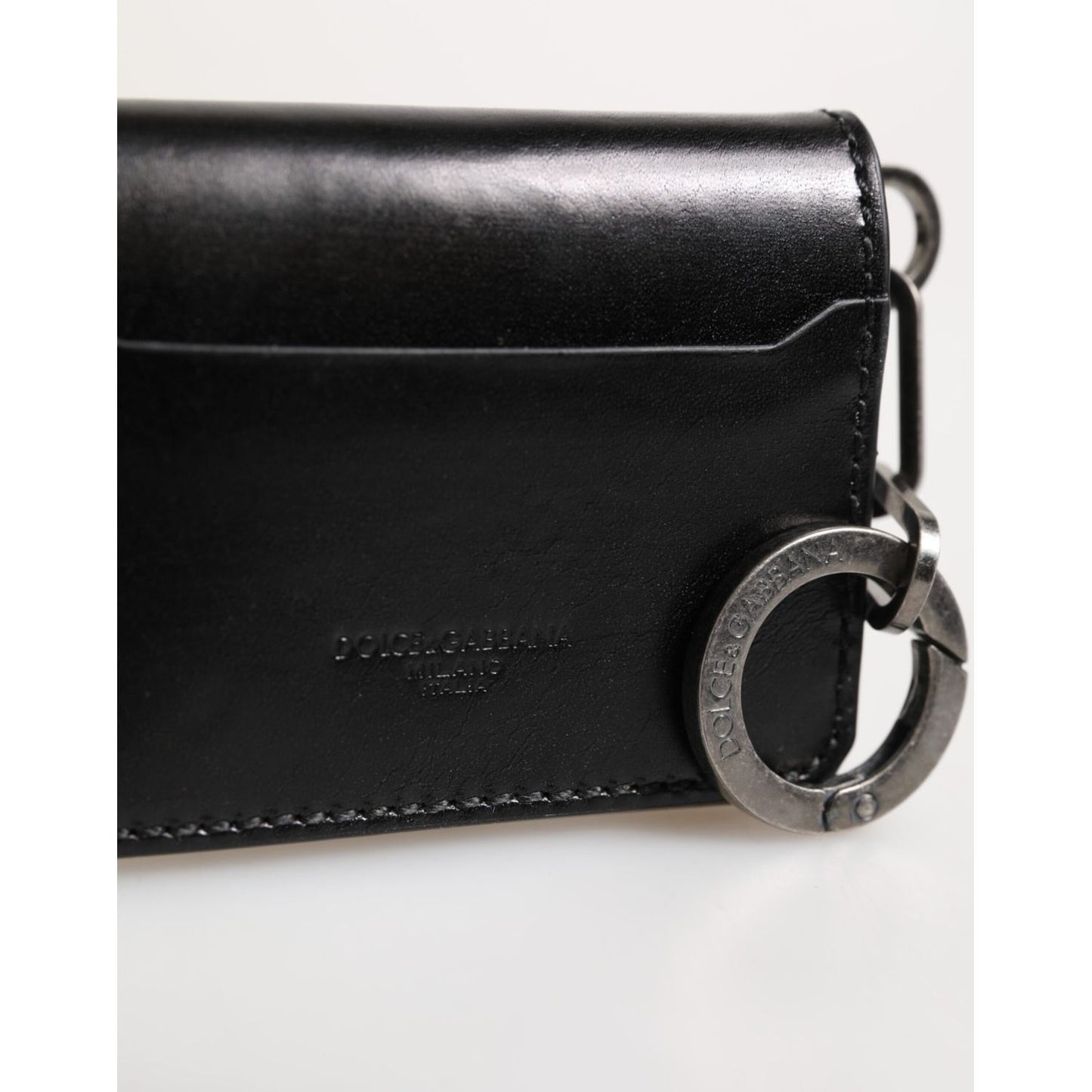 Dolce & Gabbana Wallet Black Leather Logo Embossed Key Chain Card Holder Wallet with zipper closure and logo details.
