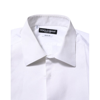 Dolce & Gabbana White Bib Cotton Popline GOLD Men Formal Shirt, classic collar, slim fit, long sleeves, made in Italy, elegant design.