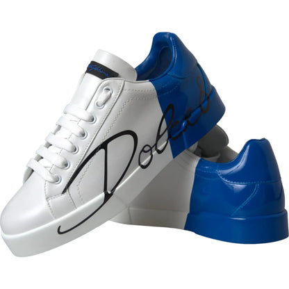Dolce & Gabbana White Blue Logo Low Top Leather Sneakers Shoes with calfskin leather and rubber sole.