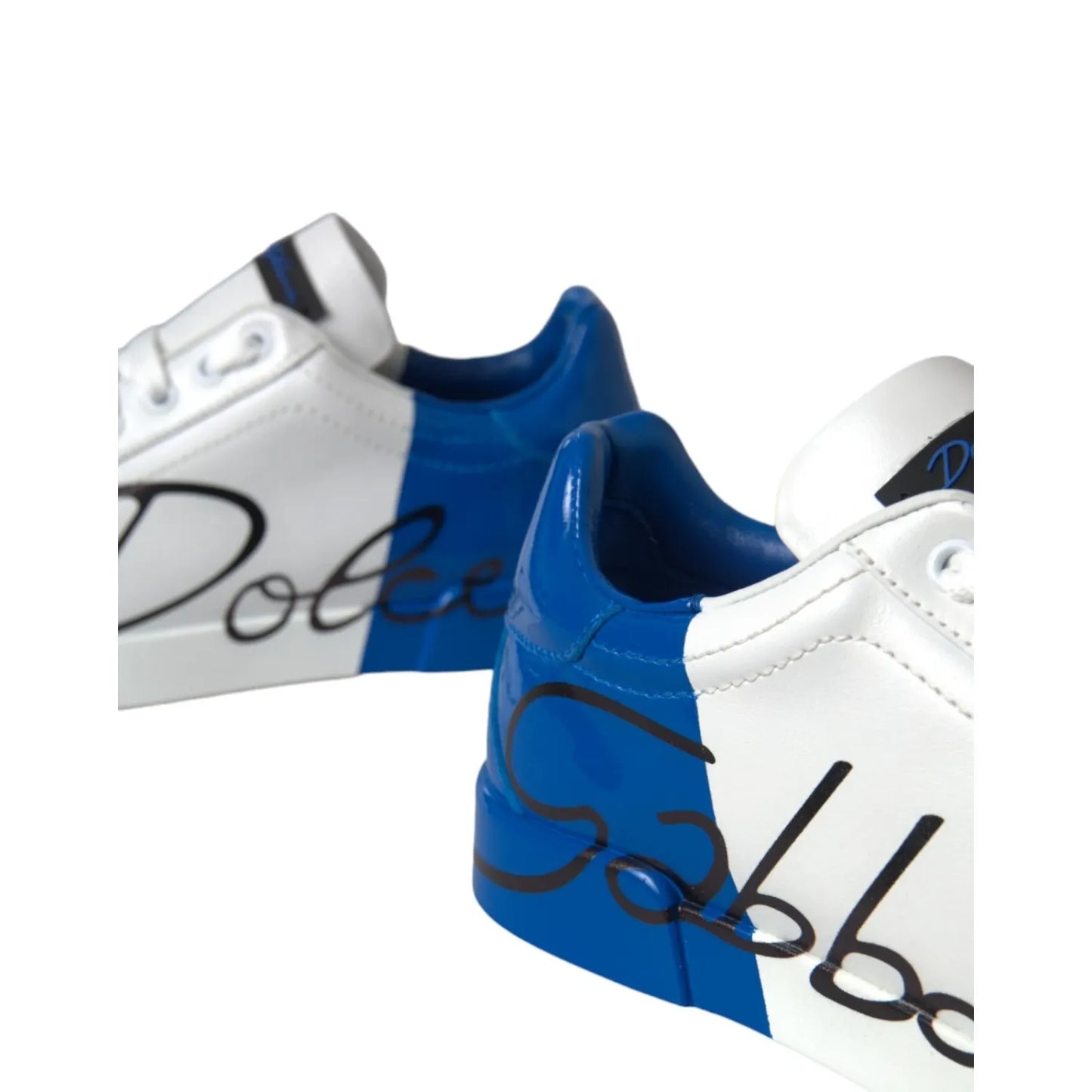 Dolce & Gabbana White Blue Logo Low Top Leather Sneakers Shoes, featuring calfskin leather and rubber sole, made in Italy.