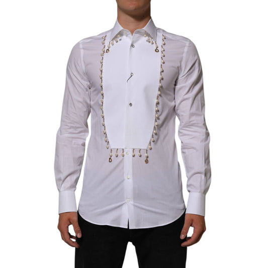 Dolce & Gabbana White Cotton DG Logo Pearl GOLD Formal Shirt with gold-tone chain and faux pearls, classic slim fit design.