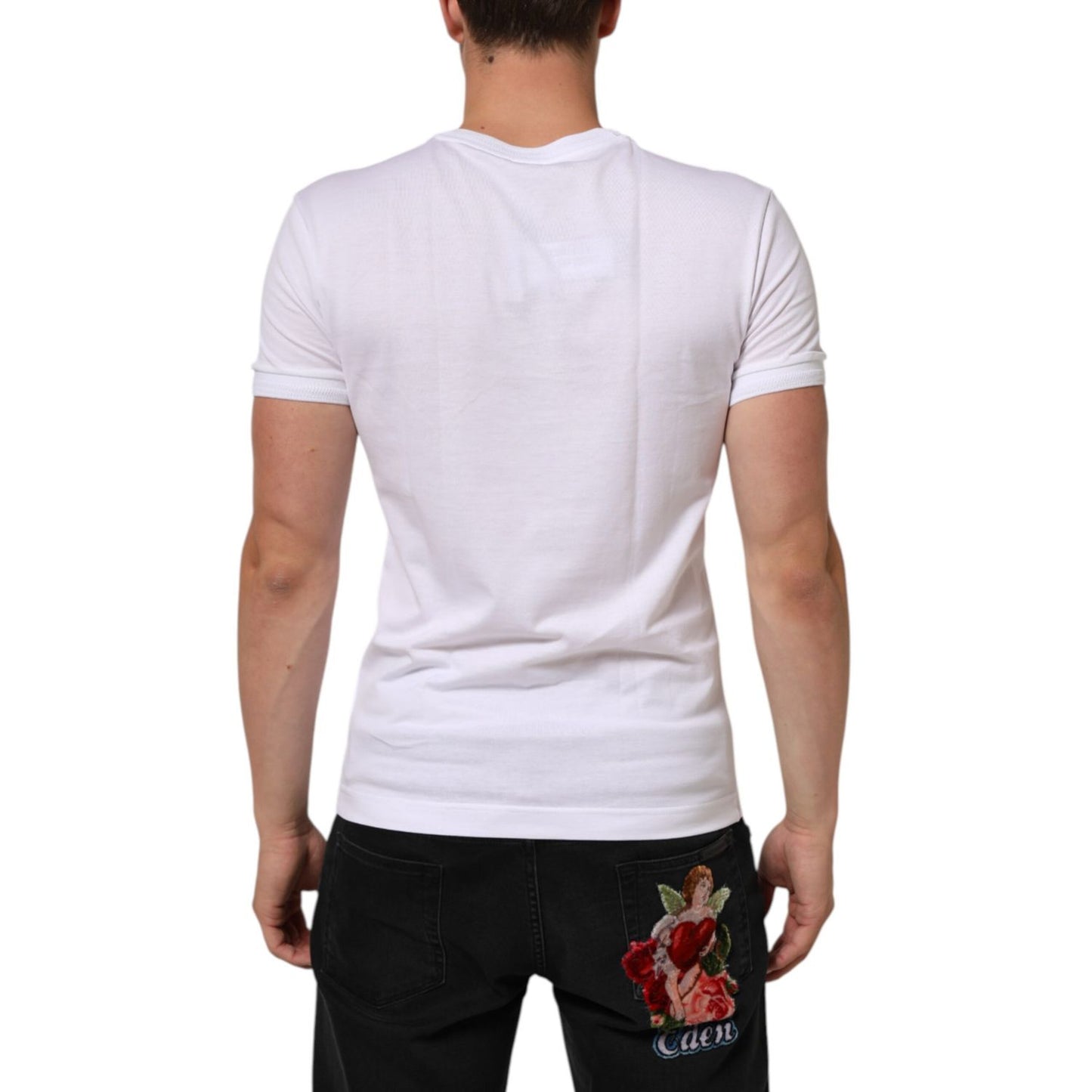 Dolce & Gabbana White Cotton Logo Patch V-neck Tee T-shirt
