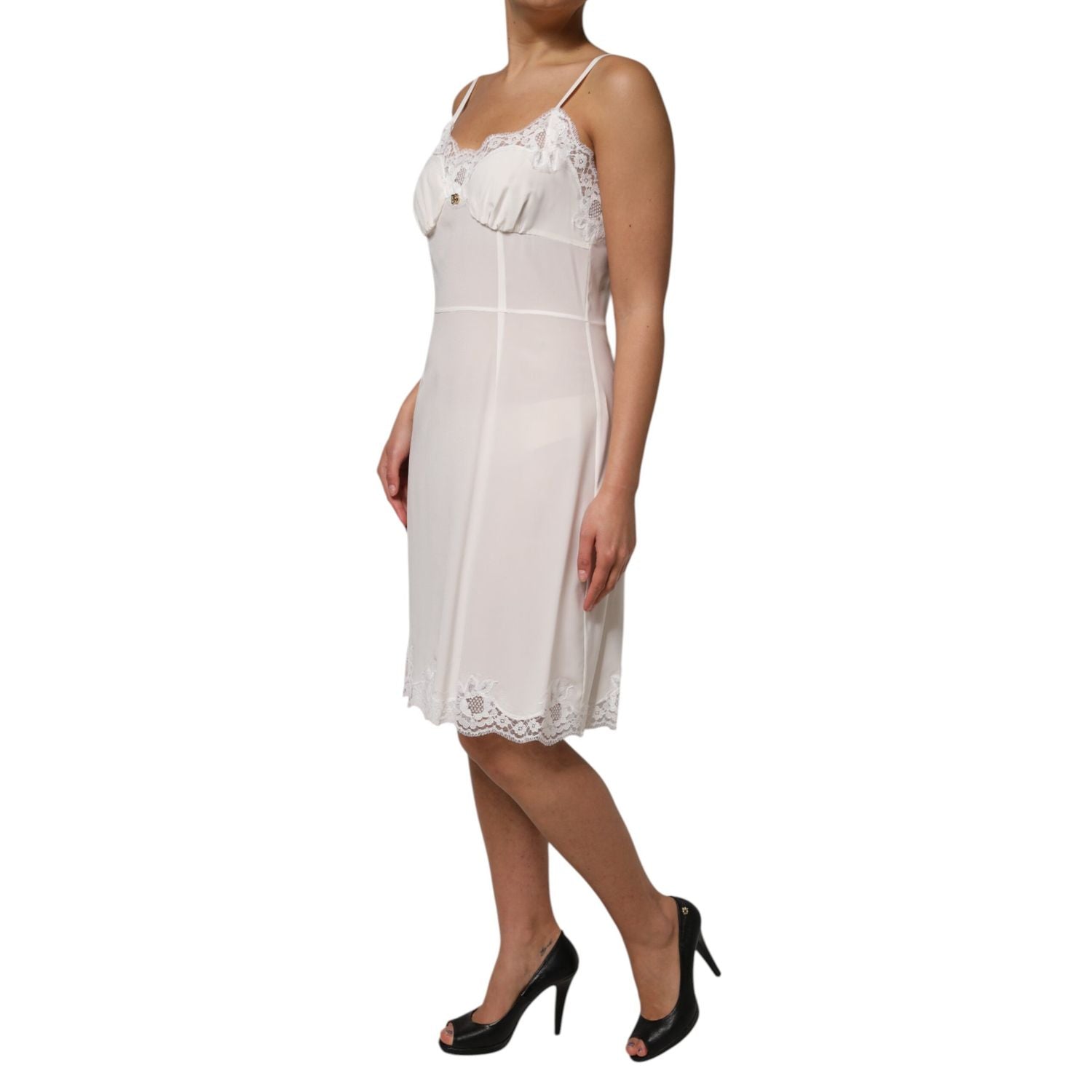 Dolce & Gabbana White Lace Gold DG Logo Silk Dress Sleepwear