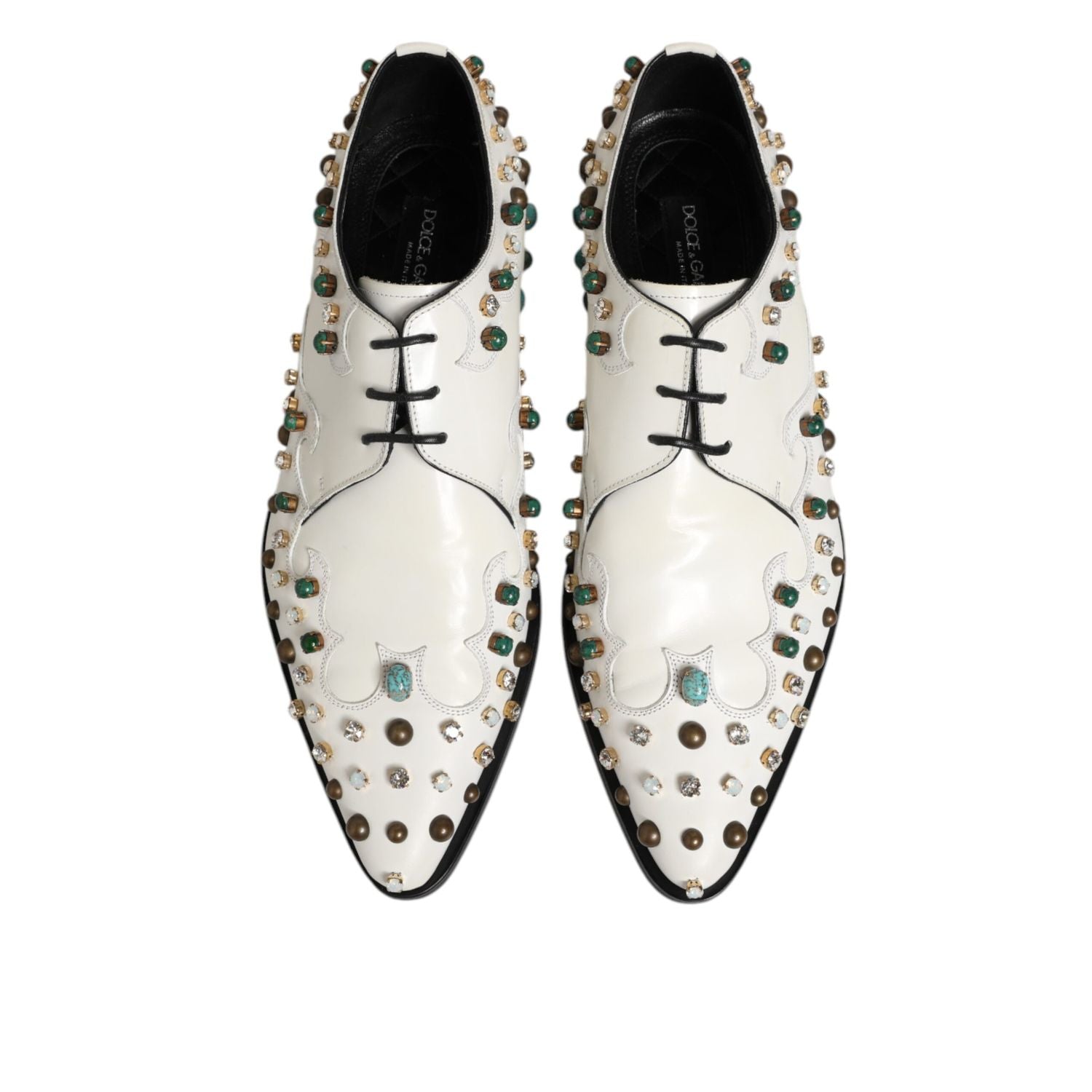 Dolce & Gabbana White Leather Crystals Embellished Derby Shoes