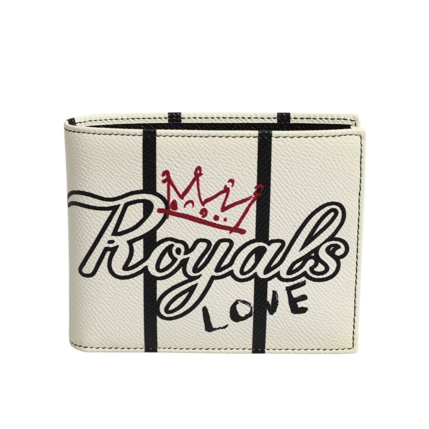 Dolce & Gabbana White Leather DG Crown Royals Bifold Card Holder Wallet with graphic print and royal motif for luxurious style.