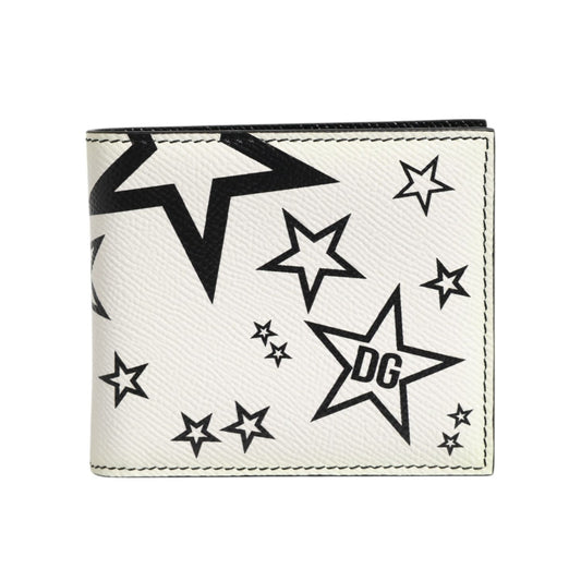 Dolce & Gabbana White Leather DG Star Logo Bifold Card Holder Wallet with star design, compact and functional card slots.