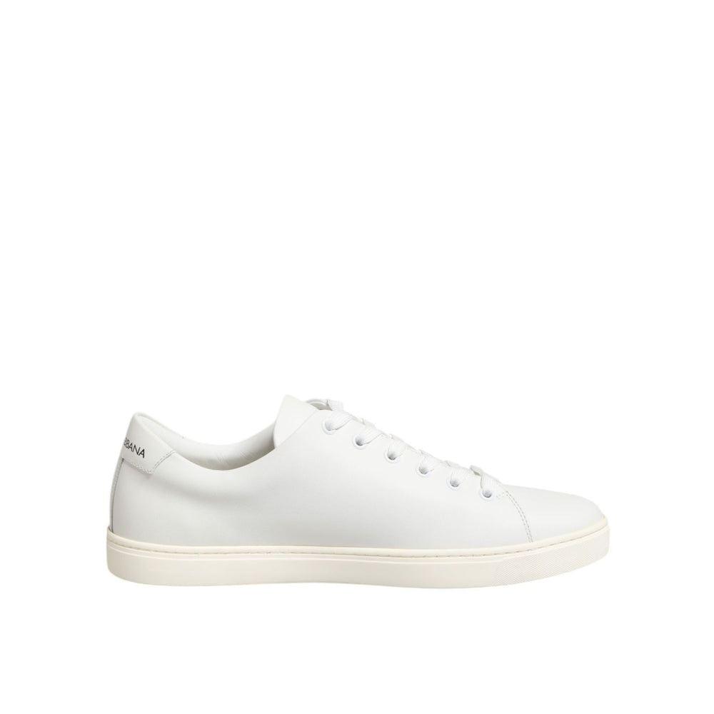 Dolce & Gabbana White Leather Sacre Heart Patch Sneakers Shoes, elegant side view, smooth calf leather, Sacred Heart embroidery