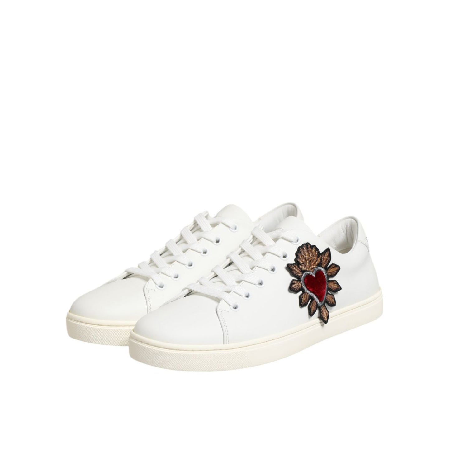 Dolce & Gabbana White Leather Sacre Heart Patch Sneakers Shoes with heart embroidery, luxury casual footwear, white calf leather sneakers.