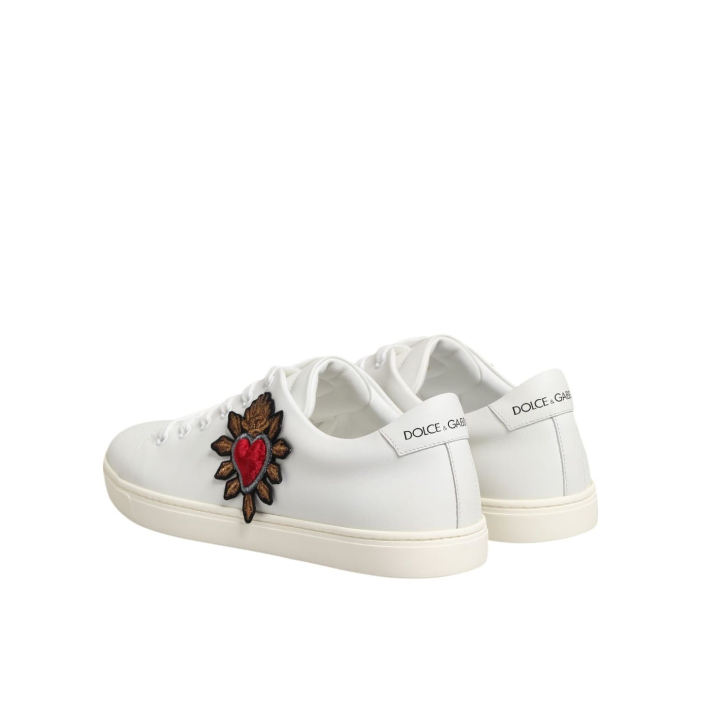 Dolce & Gabbana White Leather Sacre Heart Patch Sneakers Shoes, featuring a Sacred Heart embroidered patch, side view showcasing luxury design.