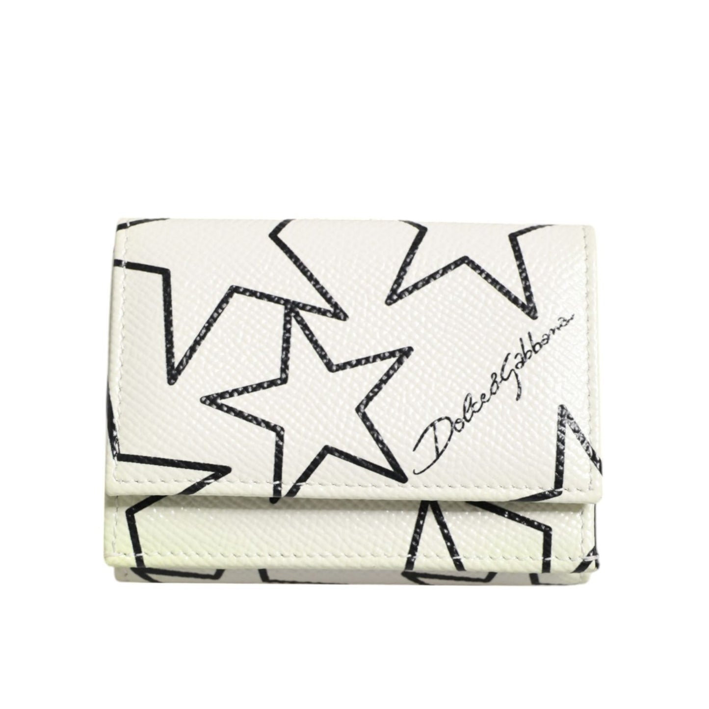 Dolce & Gabbana White Leather Trifold DG Star Print Card Holder Wallet with star pattern and logo.