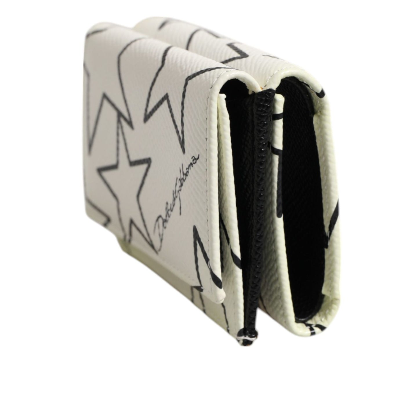 Dolce & Gabbana White Leather Trifold DG Star Print Card Holder Wallet with playful star design and luxurious craftsmanship.