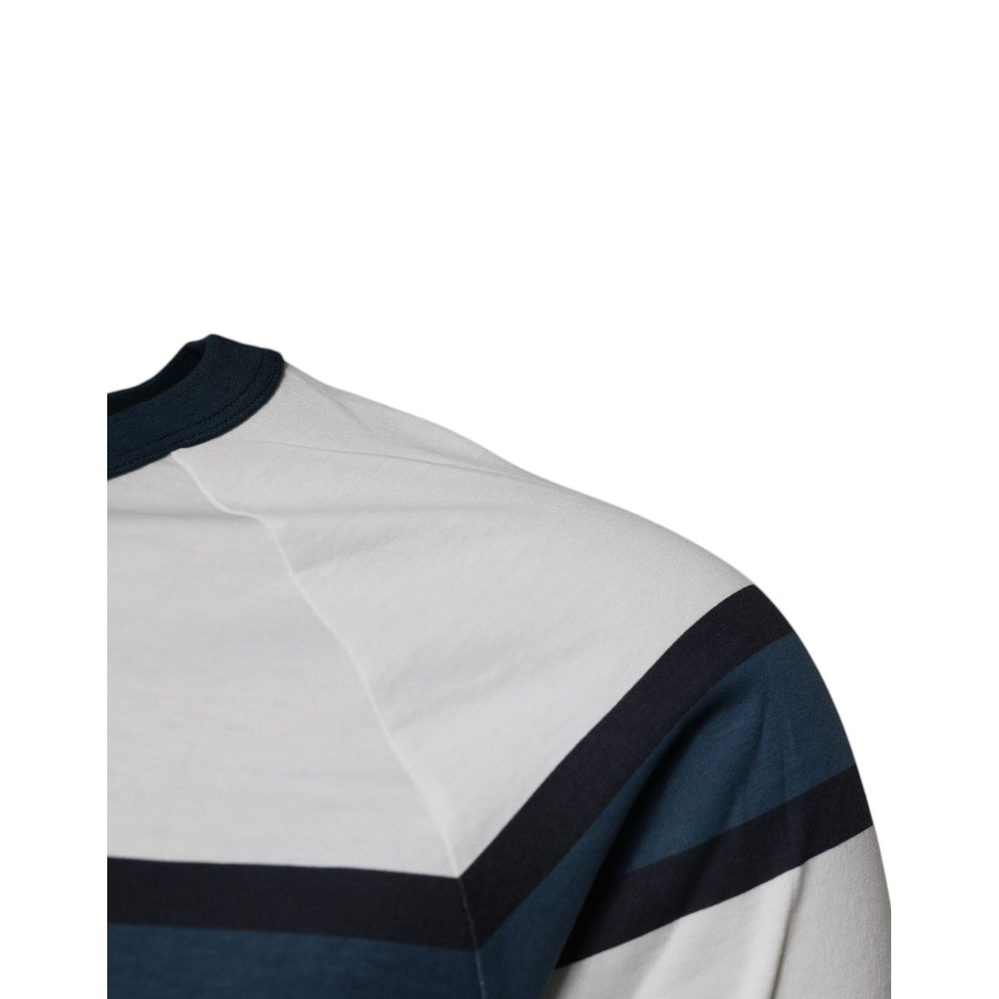 Close-up view of Dolce & Gabbana White Logo Print Cotton Men Crew Neck T-shirt showcasing the fabric and design details.