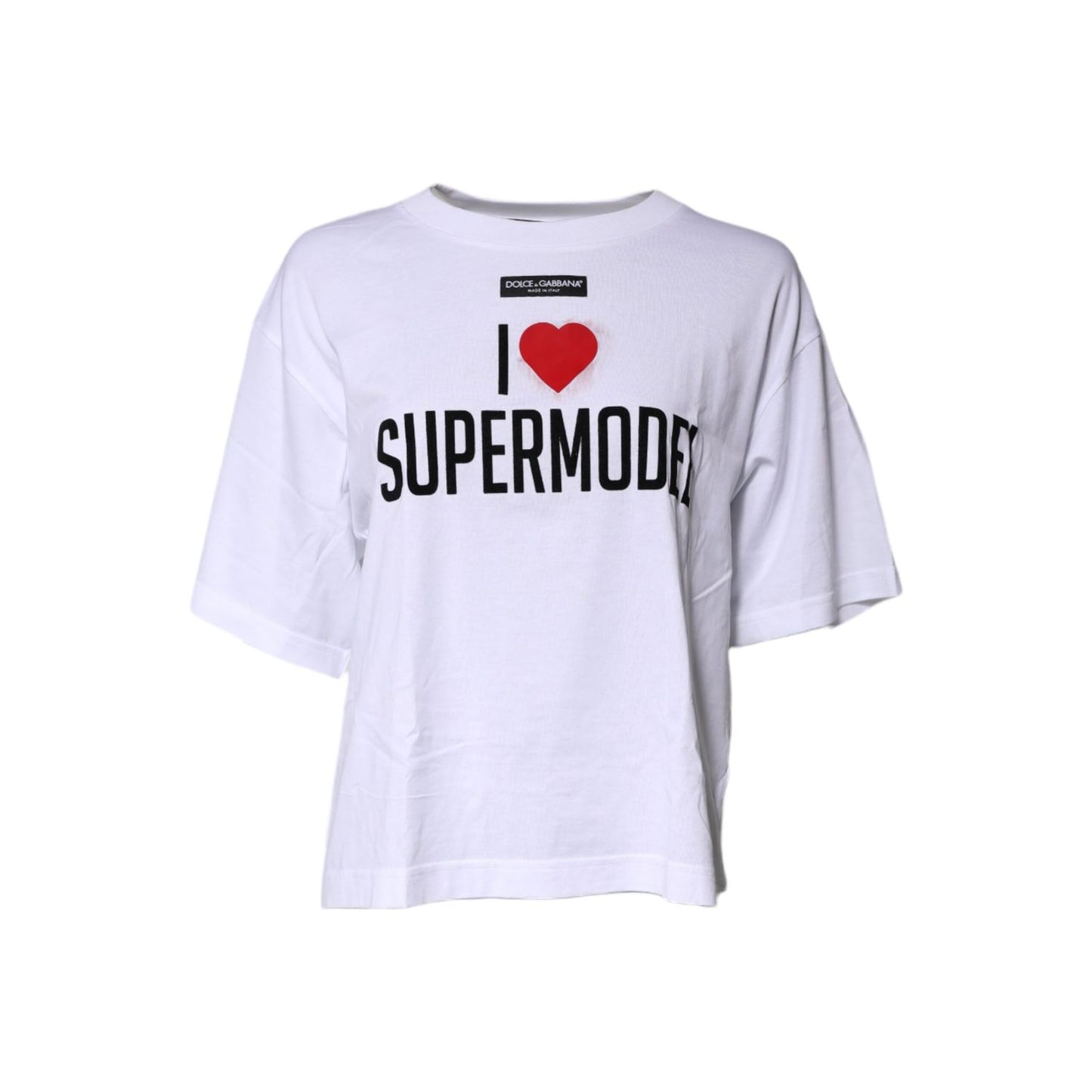 Dolce & Gabbana White Printed Round Neck Top Cotton T-shirt