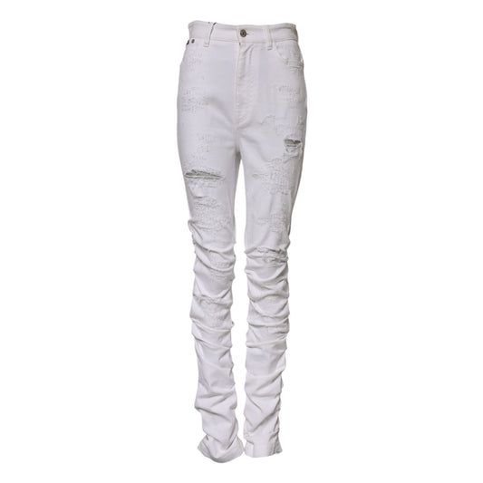 Dolce & Gabbana White Tattered Cotton High Waist Denim Jeans