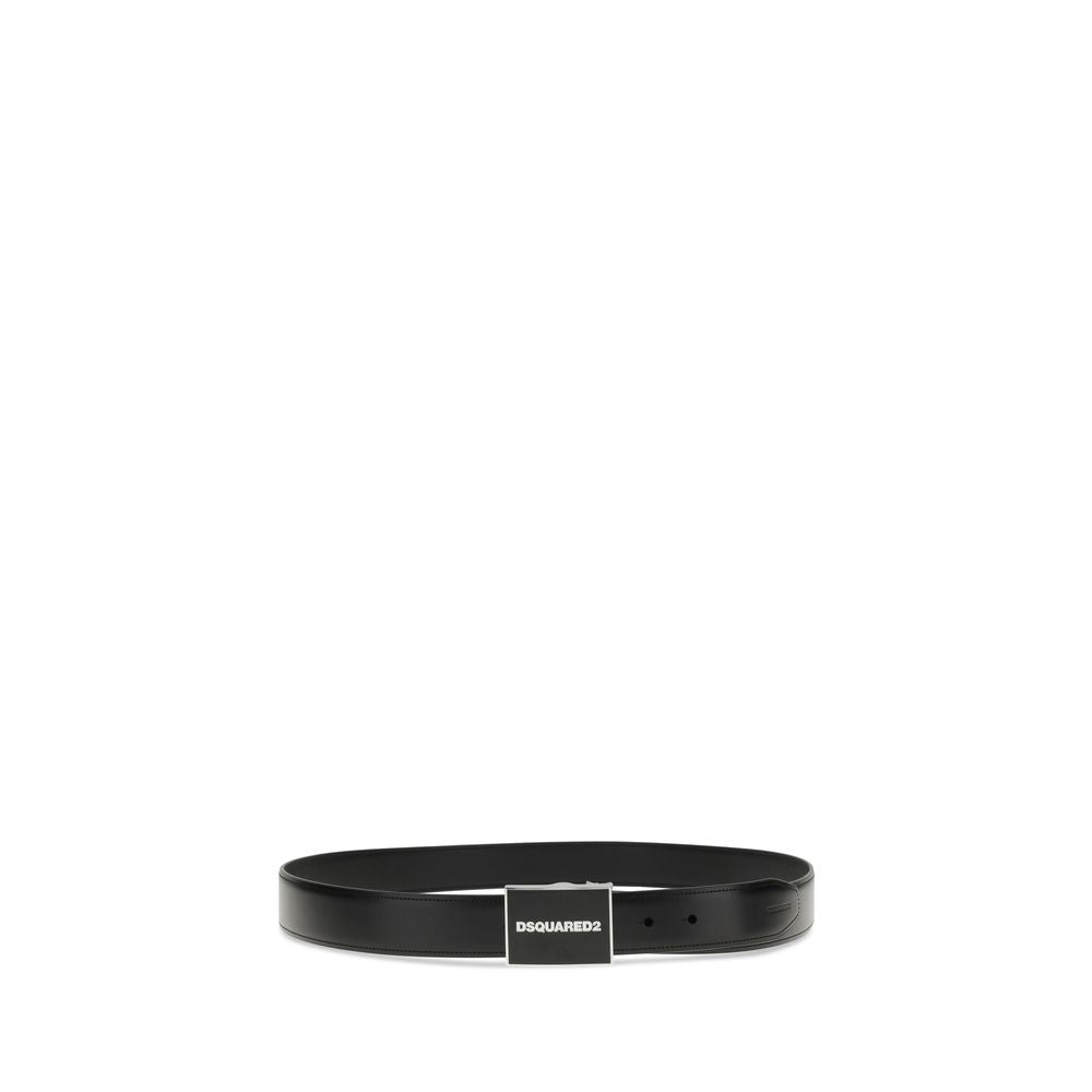 Dsquared² Black Calf Leather Bos Taurus Regular Belt with box and interchangeable buckles, featuring Dean and Dan Caten stick figures.