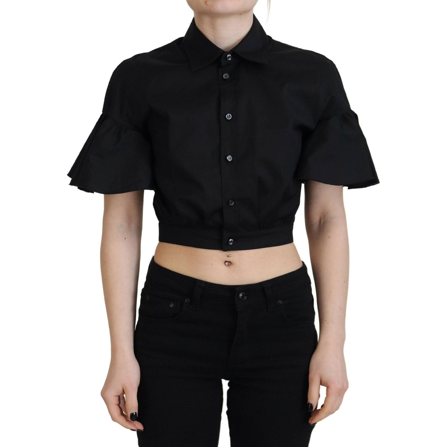 Dsquared² Black Collared Button Down Short Sleeve Cropped Top 1728,67345645728,Black,Clothing,Dsquared²,IT38 | XS,Material: 97% Cotton 3% Elastane,Preowned / Defect,T-Shirts - Clothing,T-Shirts - T-Shirts - Clothing,Tops & T-Shirts - Women - Clothing,Wome