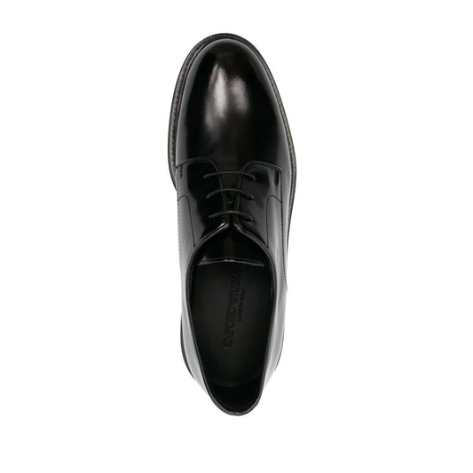 Top view of EMPORIO ARMANI EXCLUSIVE Derby shoes in buffed leather with almond toe and tonal stitching.