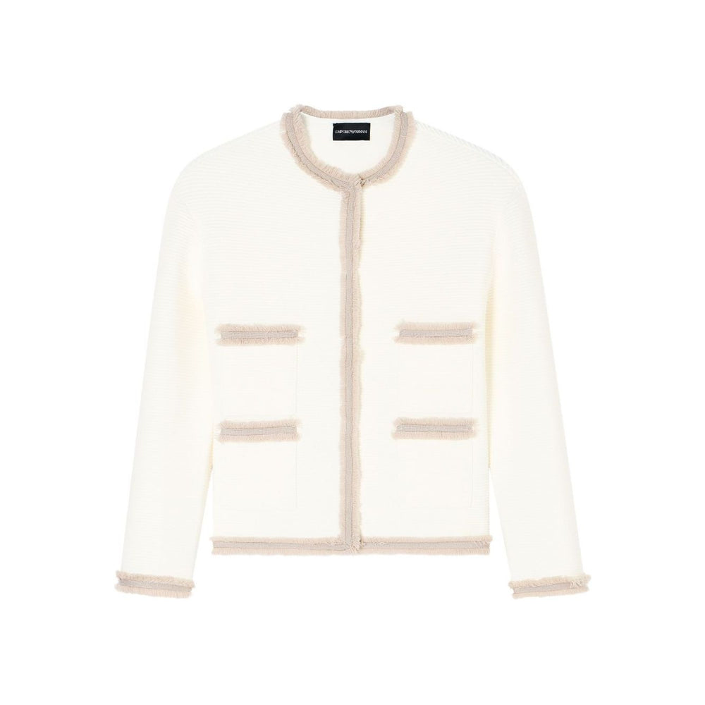 Emporio Armani Jackets White fringe trim crewneck blazer with welt pockets