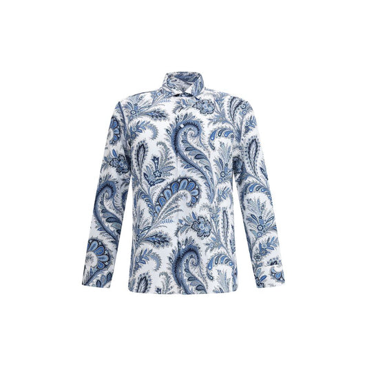 Etro Roma Shirt with classic collar, blue paisley pattern, and button closure, showcasing elegant design and comfort for AW25 season.